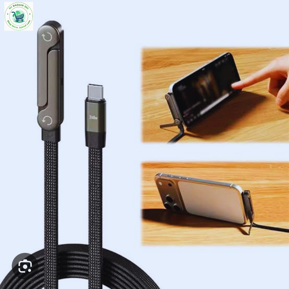 240W Fast Charging USB-C Cable with Stand | 2-in-1 Nylon Braided Type-C Cable