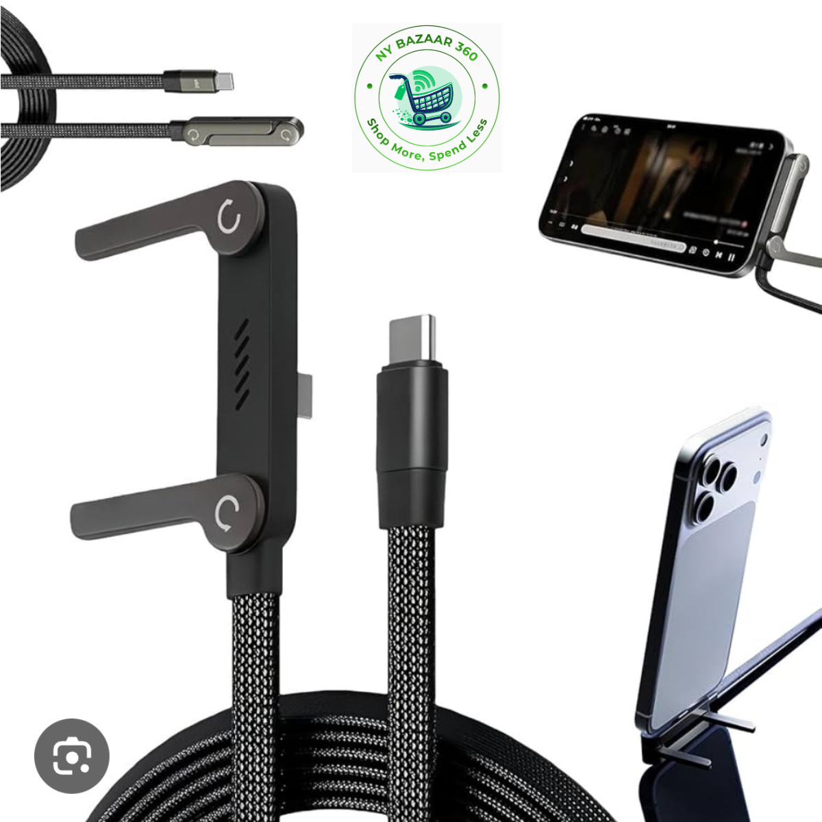 240W Fast Charging USB-C Cable with Stand | 2-in-1 Nylon Braided Type-C Cable