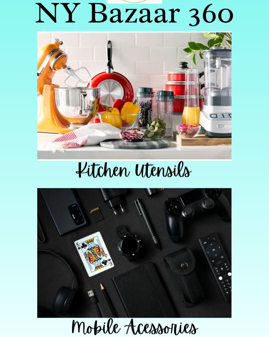 Promotional image for NY Bazaar 360 featuring kitchen utensils and mobile accessories on a teal background.